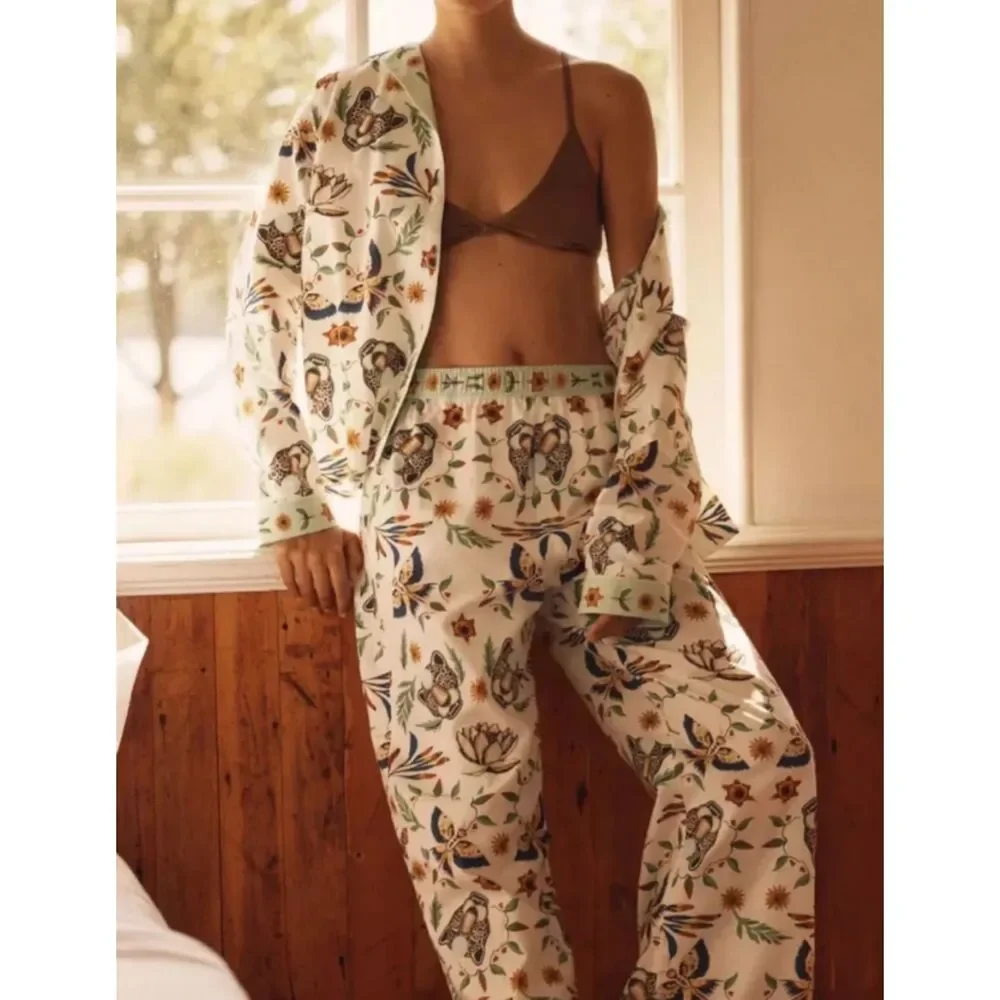 Anthro LyreBird Cotton Flannel Pajama Set Floral Animal Print Cottage Sleep XS